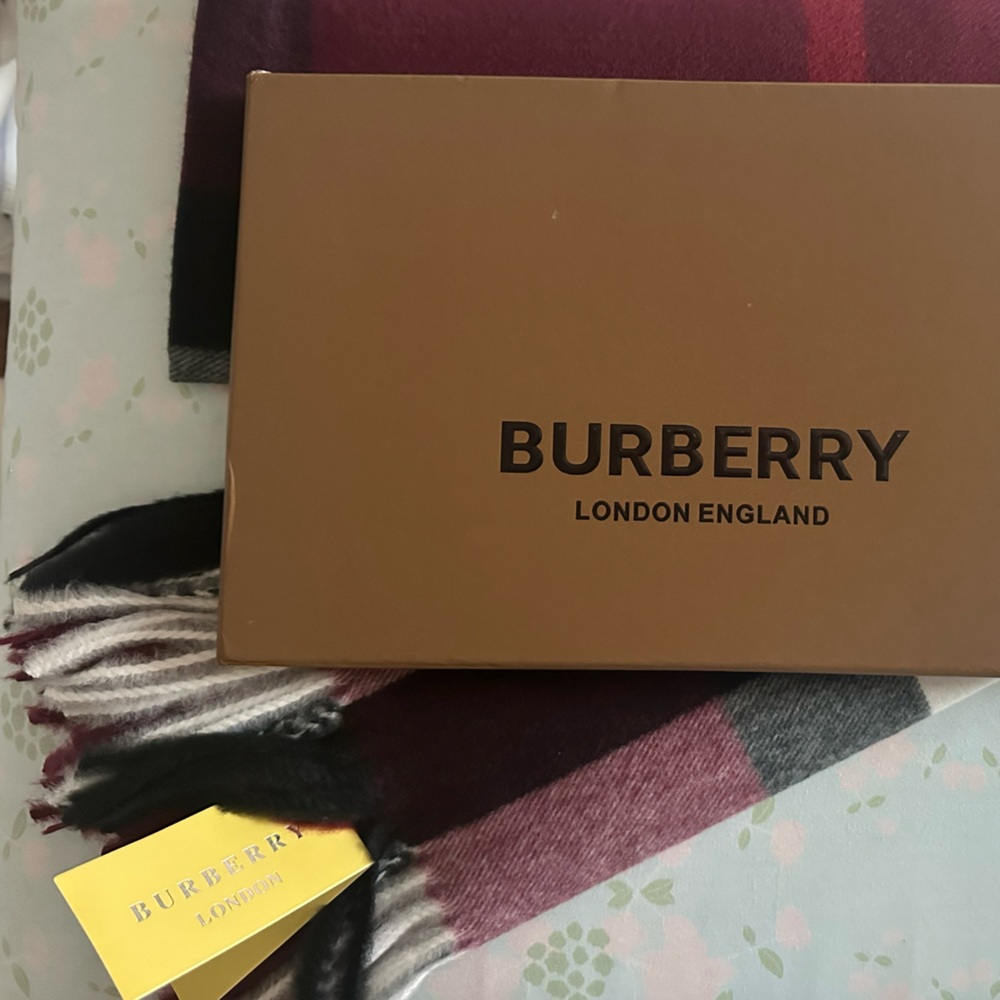 Burberry Burgundy and Cream Scarf with Box